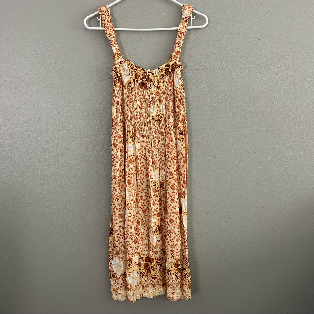 VTG Neelam Hibiscus Hawaiian Floral Smocked Dress Free Size Tan Brown Sundress